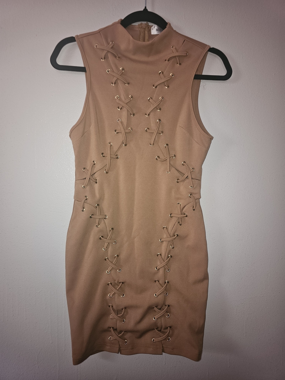 Sleeveless Lace-Up Mini Dress in Tan
